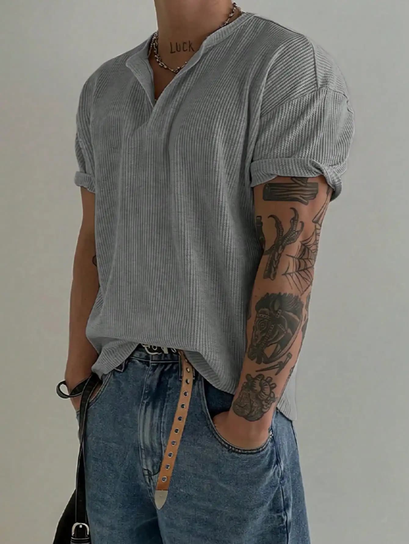 T-shirt a maniche corte con collo a waffle da uomo, casual, leggera e traspirante