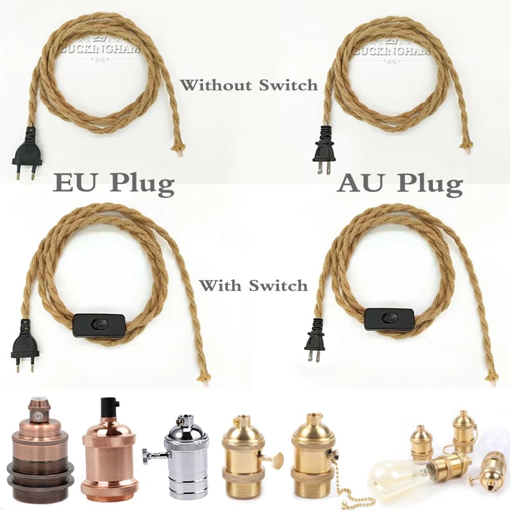 Spina UE AU 2M/3M Cavo di alimentazione Lampade a sospensione Cavi a corda intrecciata Portalampada E27 con cavo interruttore ON/OFF Lampade Edison Presa cavo