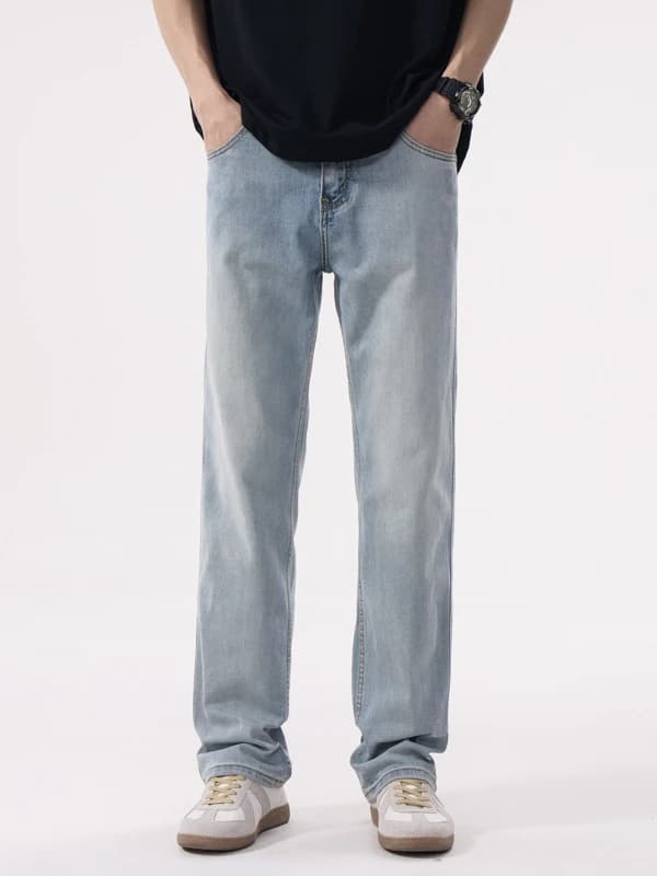 Retro Loose Straight Leg Men's Jeans Casual Spring Autumn Light Colored Versatile Long Trousers Comfortable Cotton Stretch Denim