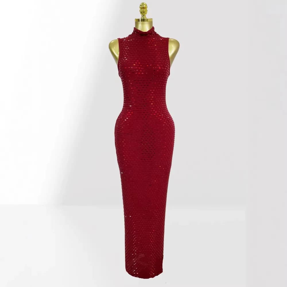 Fashionable Party Performance Dress Elegant Waistline mid Waist Sleeveless Tight Fit Bodycon Diamond Embellished Two Colors