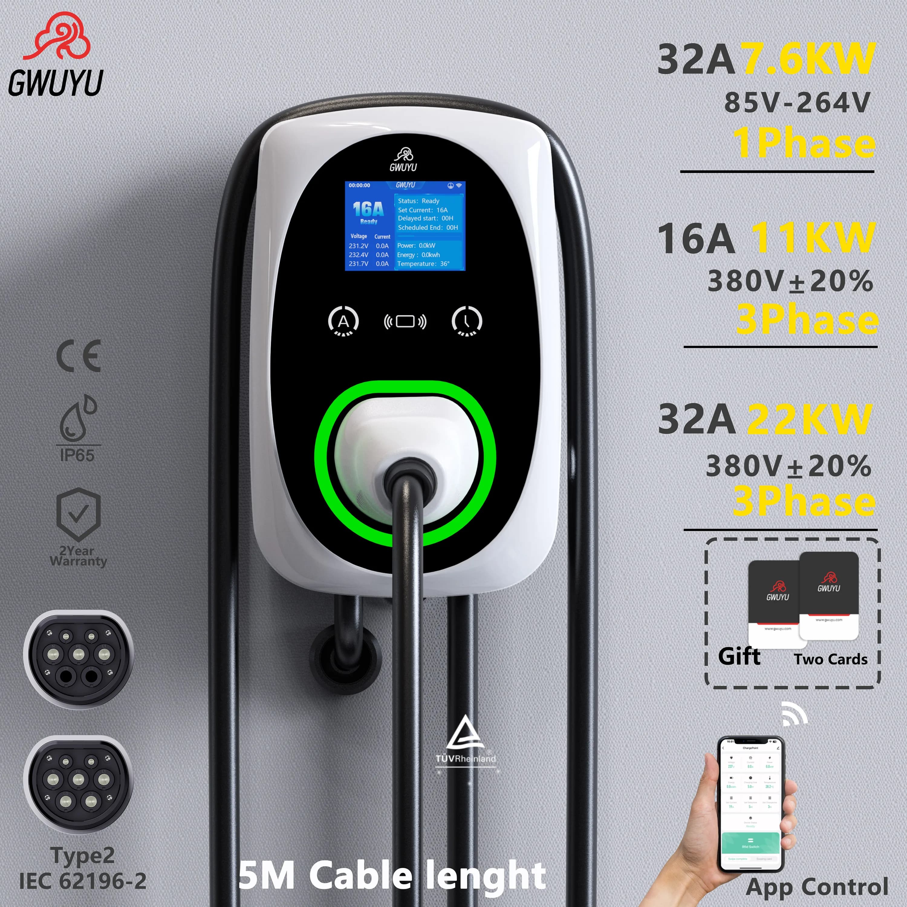 GWUYU EV Charger 32A 7.6KW EVSE Wallbox 11KW 22KW 3 phases Type2 IEC62196-2 socket APP control Car charger for electric vehicles