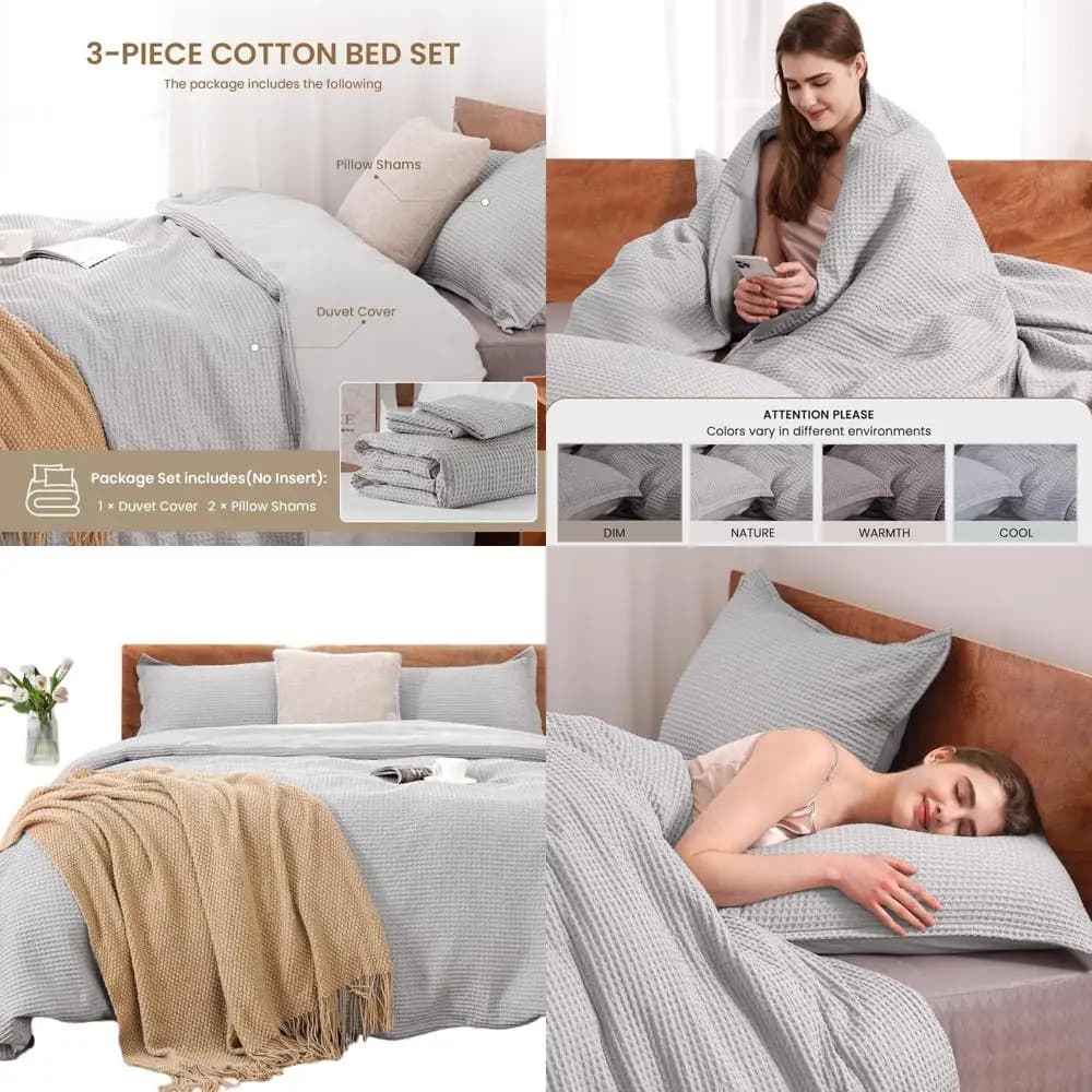 Set copripiumino king size in tessuto waffle 100% cotone - Grigio chiaro, morbido e traspirante, biancheria da letto in 3 pezzi (1 piumino + 2 bracci)