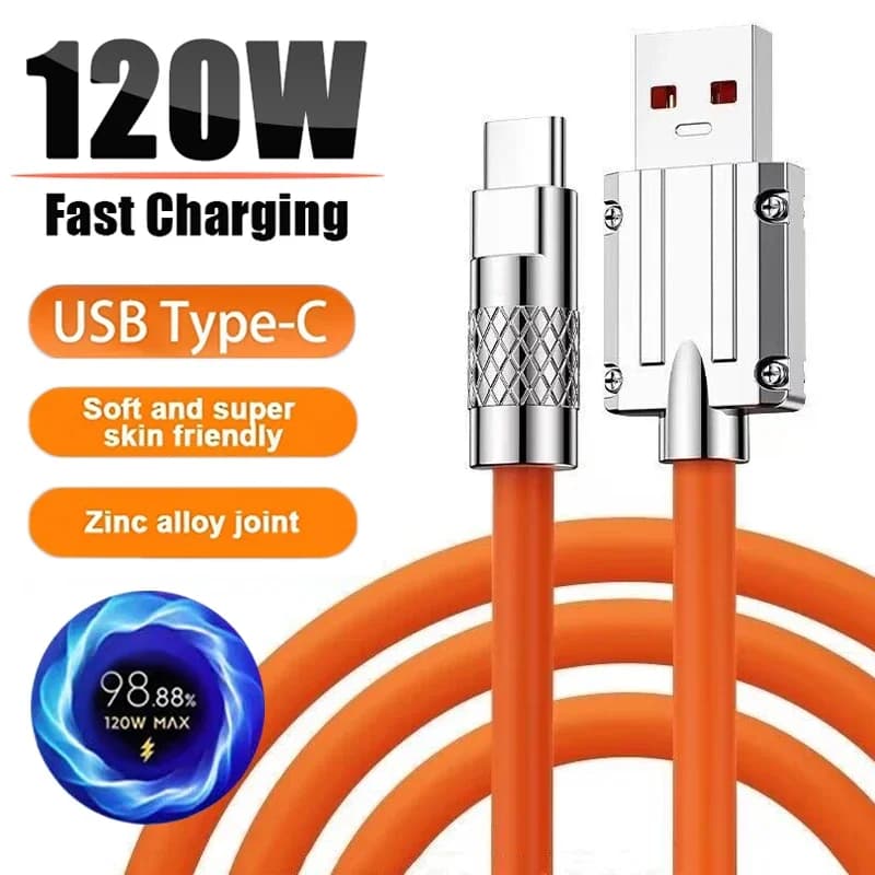 120 W 6A Super Fast Rechargeable Liquid Silicone Cable 2m Quick Charging USB Cable USB C Charging Cable for Huawei Samsung Xiaomi