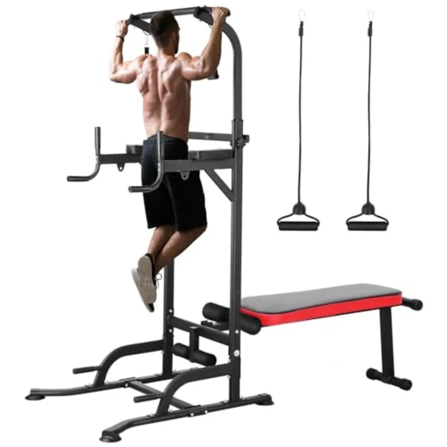 Power Tower with Bench, Traction Bar, Dip Bar and Foldable Bench, 4 Cords, Multifunction Strength Training Equipment