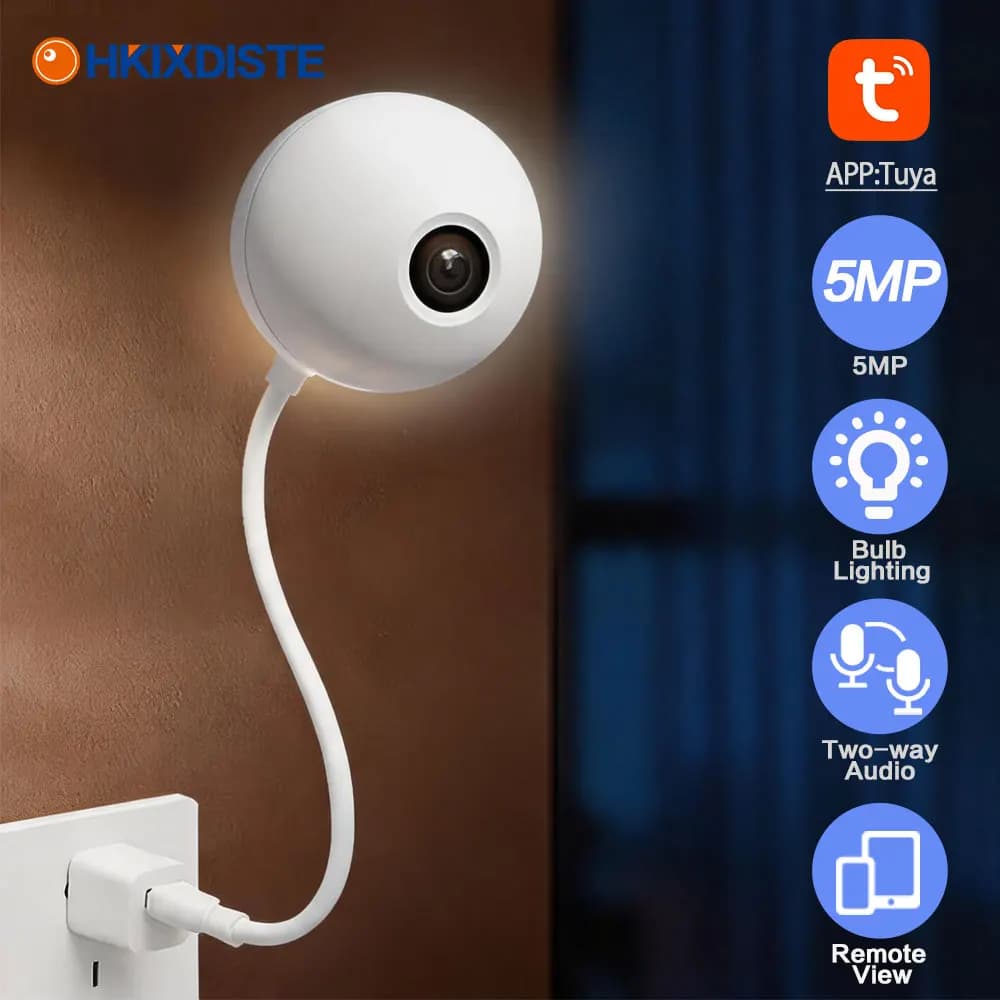 Telecamera IP di Sicurezza Wireless Smart Life 5MP Tuya Wifi Mini USB a Forma di Lampadina per Interni con Visione Notturna a Colori, Monitor per Bambini
