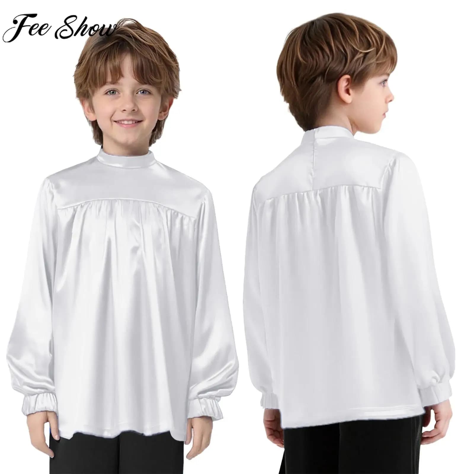 Ragazzi Ragazze Coro Culto Lode Danza liturgica Top Manica lunga Cerniera T-shirt in raso Carnevale di Halloween Pastore Costume Cosplay