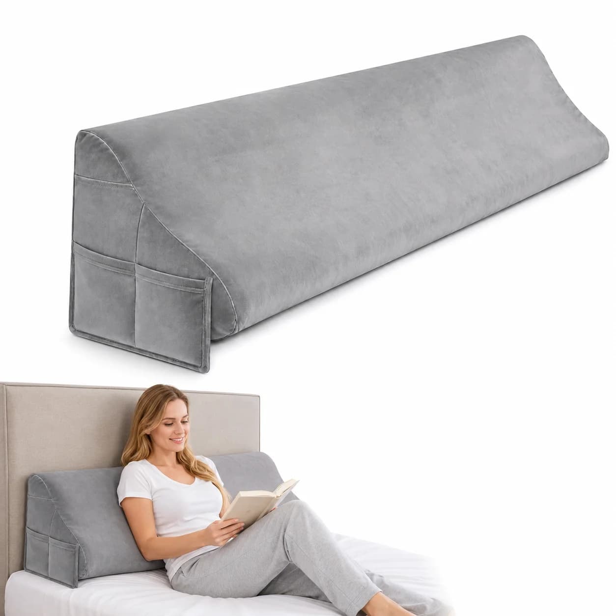 Bed Headboard Gap Filler Pillow 150cm, Soft Triangular Wedge Pillow with Multi Storage Pockets, Anti-Fall Bed Gap Cushion for Be