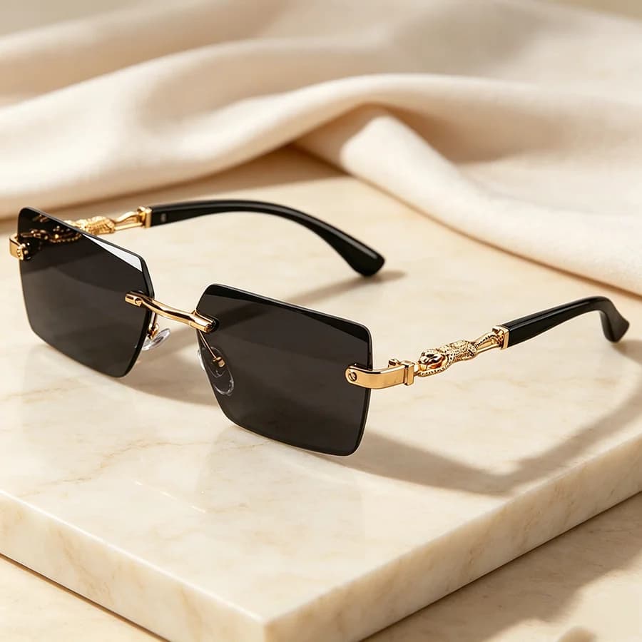 Rimless Rectangular Sunglasses for Men Women, Y2K Luxury Gold Leopard Frame UV400 Eyewear, Fashion Driving Travel Glasses with Case, Holiday Gift