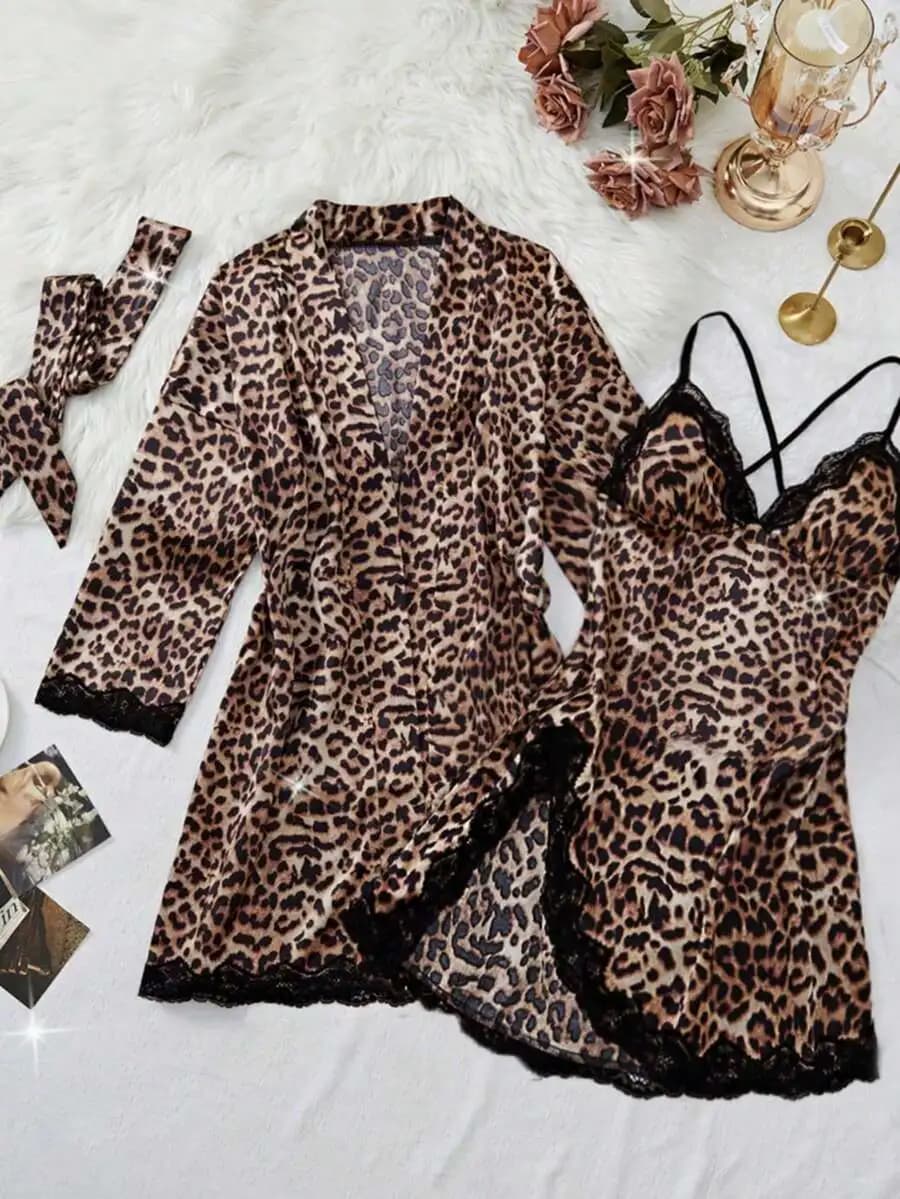 3pcs Leopard Print Lace Sleepwear Set With Belt Women Pajamas Loungewear
