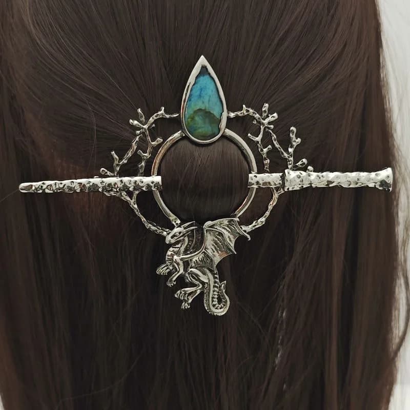 Gothic style hair fork with retro silver dragon pattern, design with tree branch, popular niche, witchcraft, custom woven