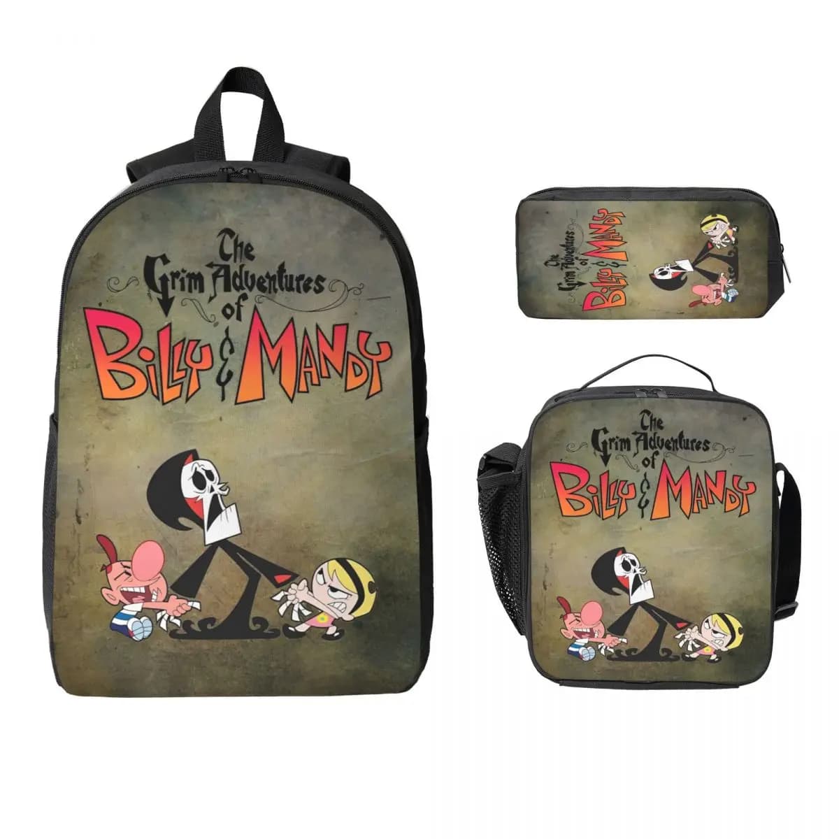3 pezzi Billy e Mandy Anime Cartoon Theme Zaino Set per bambini Borse per penne Set di borse per libri con scatola per il pranzo Zaino per studenti delle scuole