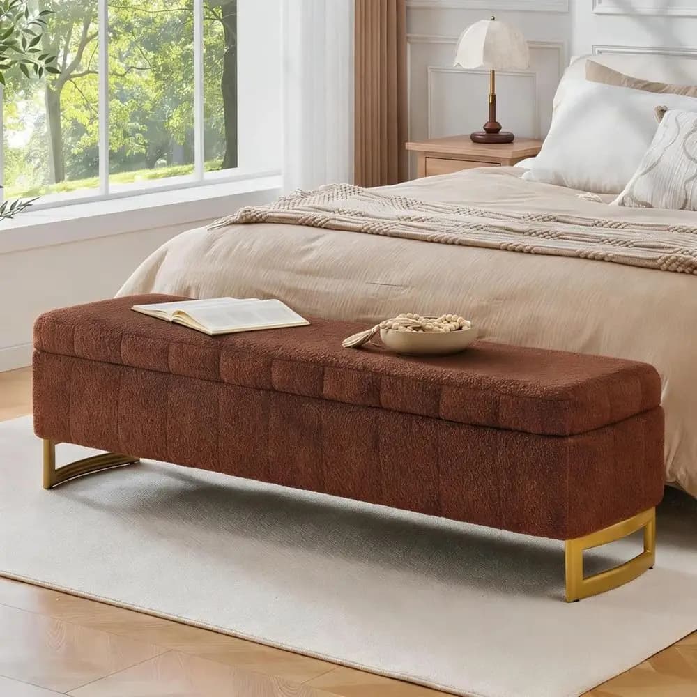 63 King Size Storage Ottoman Bench with Zippered Pockets and Removable Pillows in Teddy Brown for Bedroom, Entryway, Living Room