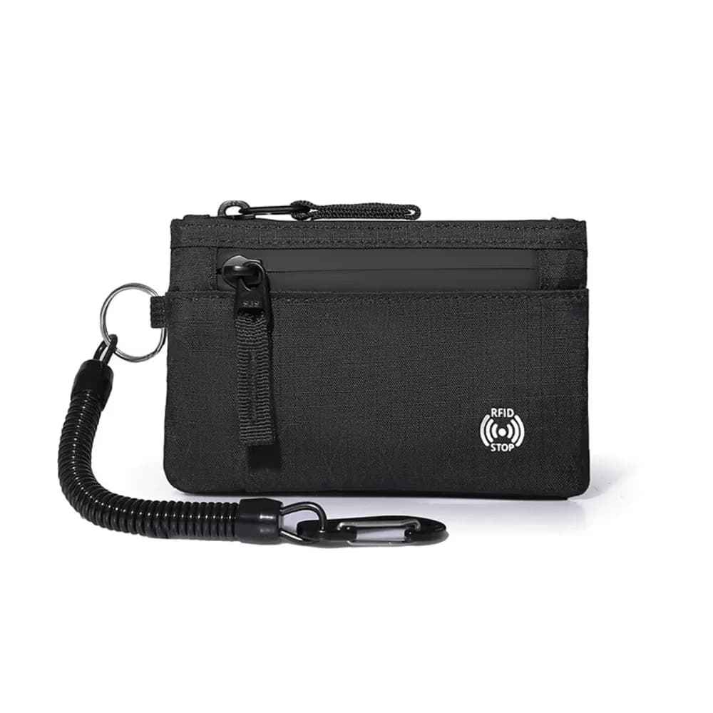 Portafoglio da uomo multifunzione portatile con cerniera antifurto Porta carte di credito RFID Portachiavi Moschettone Portamonete in nylon da uomo