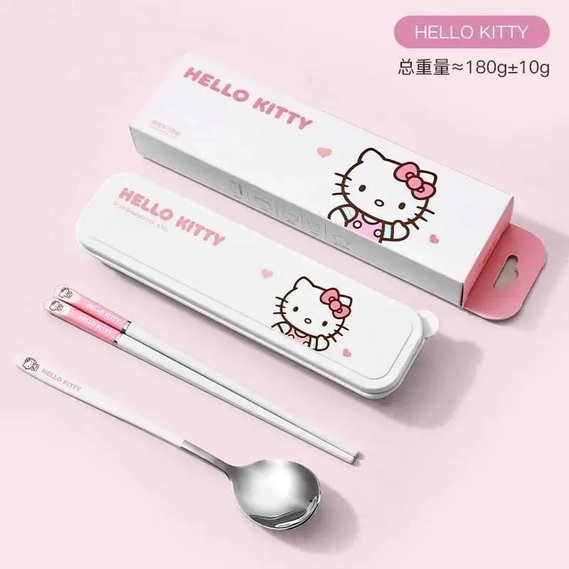 Anime Cartoon Kawaii Sanrio 2026 Hello Kitty Melody Cinnamoroll Portable Student Tableware Suit Stainless Steel Chopsticks Spoon