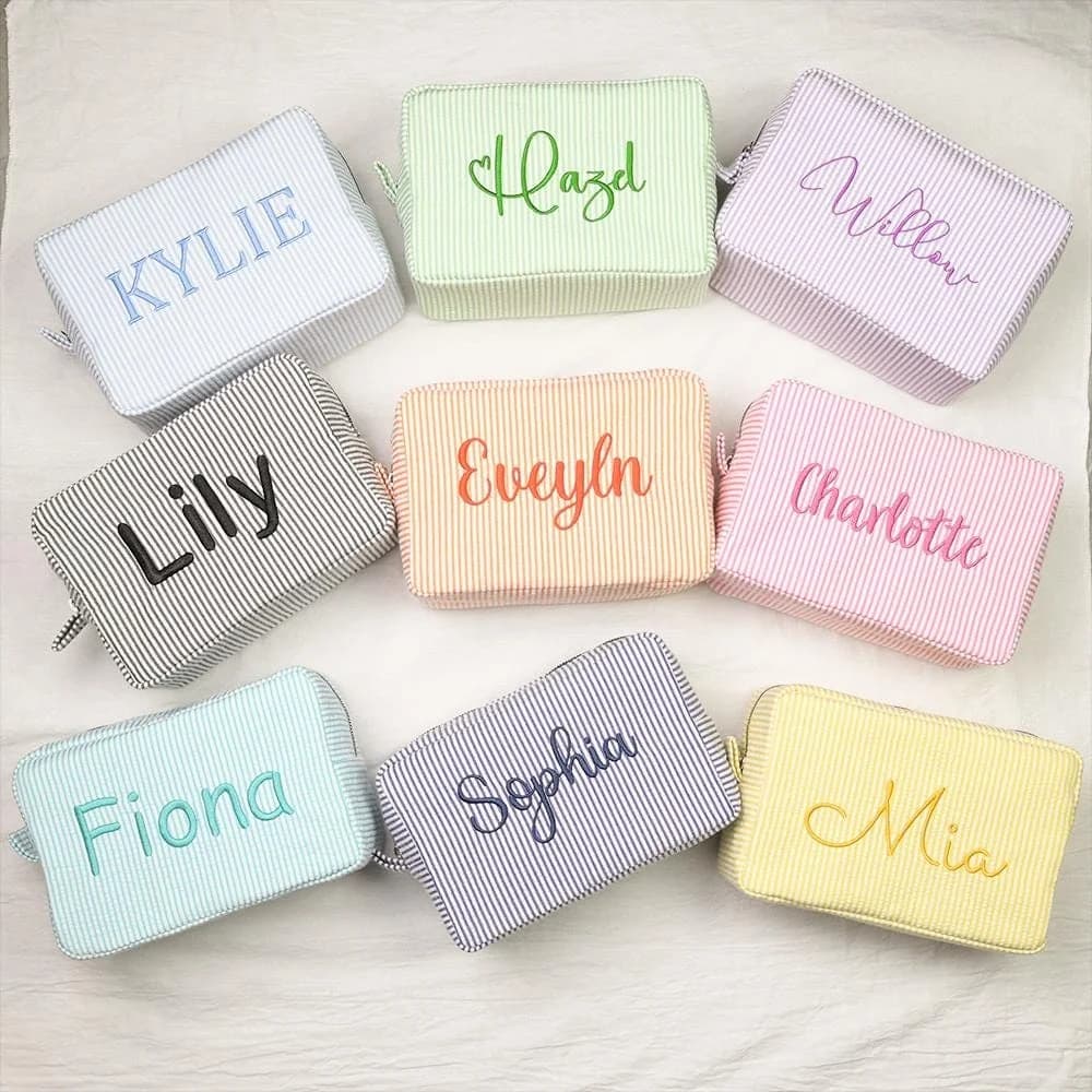 Personalized Embroidered Seersucker Striped Toiletry Bag, Custom Name Travel Cosmetic Pouch, Zipper Makeup Organizer for Gift