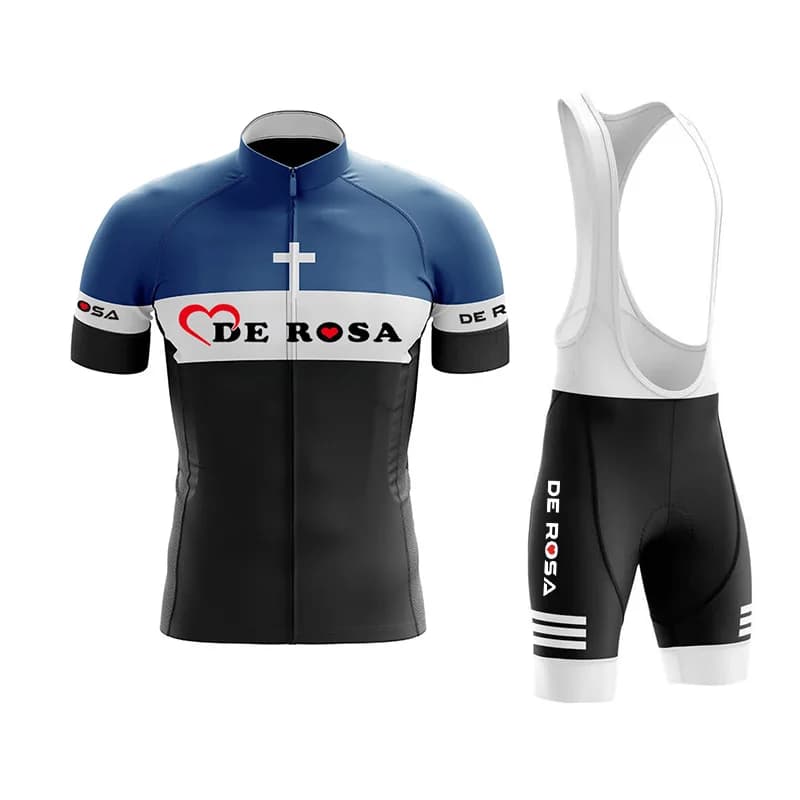 Abbigliamento da ciclismo De Rosa, set da uomo composto da maglia a maniche corte traspirante ad asciugatura rapida e pantaloncini imbottiti con bretelle.