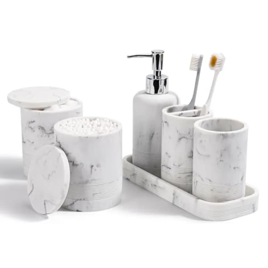 Set di Accessori per il Bagno 6 Pezzi: Portaspazzolini, Dispenser Sapone, Vassoio, Bicchiere, Porta Bastoncini Cotone