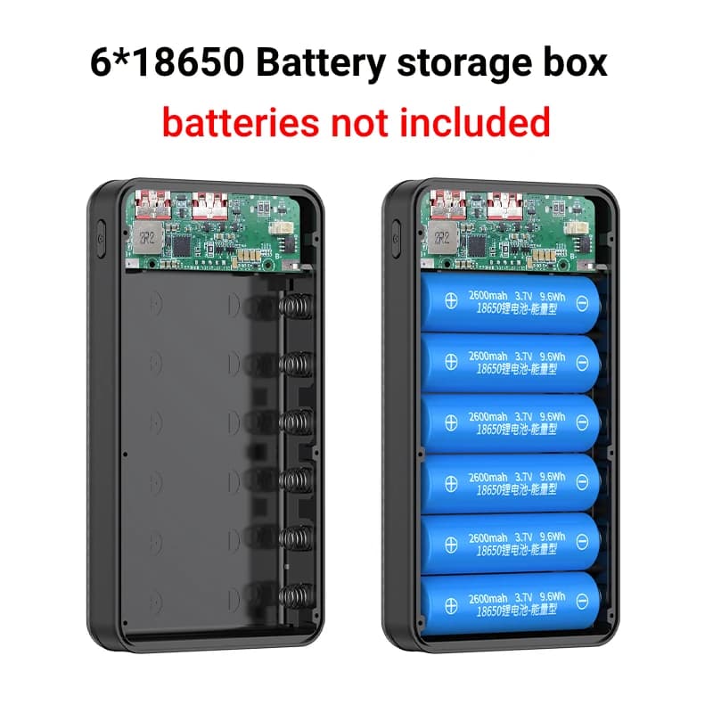Power Bank da 10W con supporto per 6 batterie 18650, doppia porta USB Type-C per la ricarica, con luci da campeggio per iPhone e Huawei, custodia per batterie 18650.