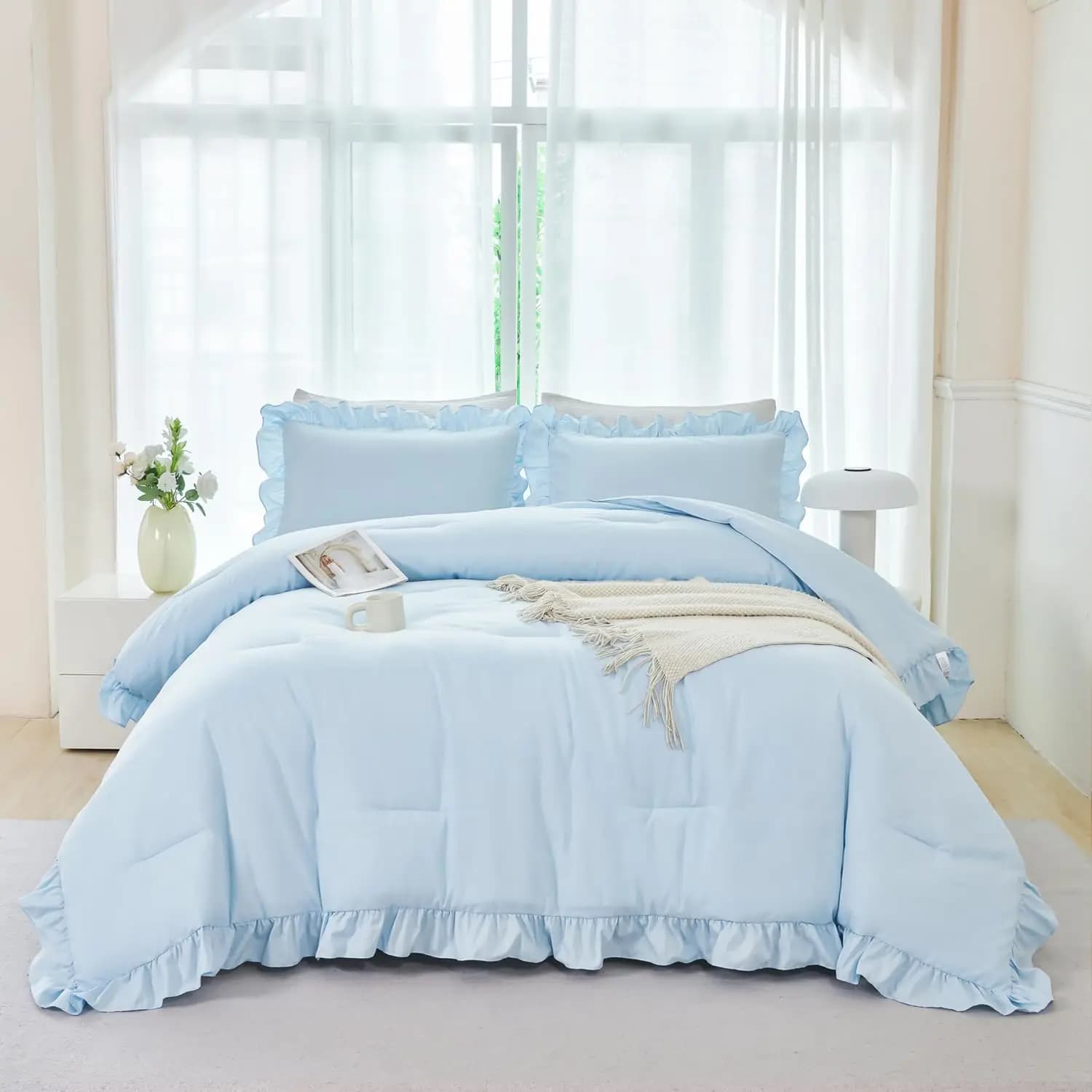 Set Completo Letto Matrimoniale Azzurro per Bambine, Set Copripiumino con Volant Stile Boho Vintage Farmhouse con Lenzuola