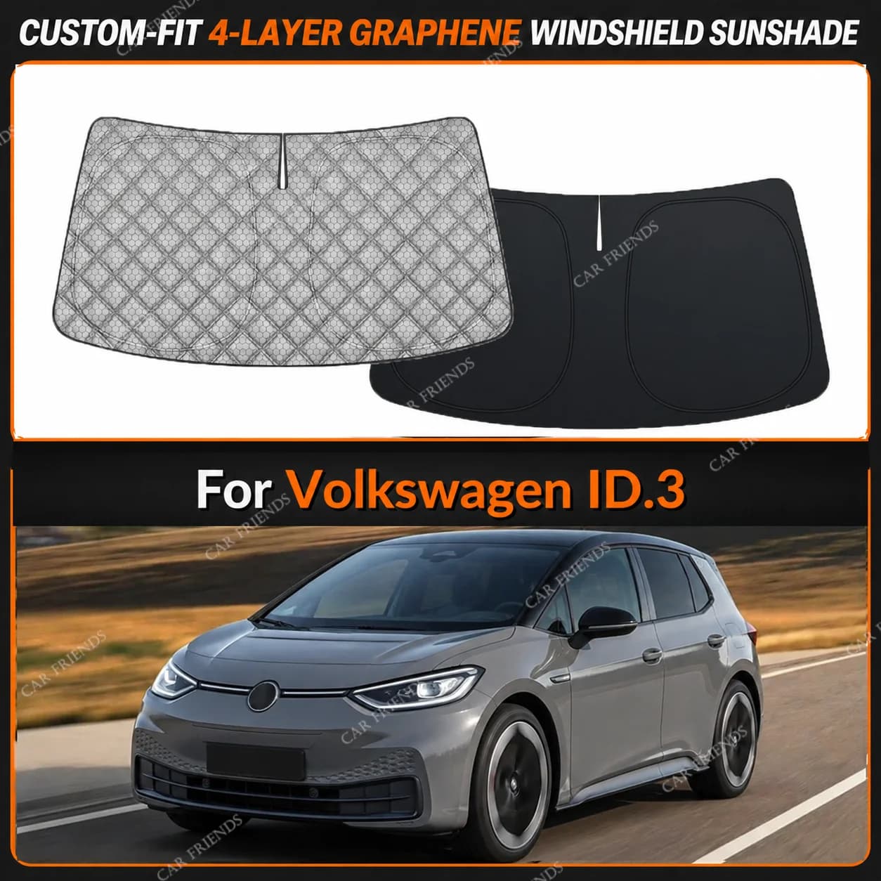 For Volkswagen ID.3 Custom-Fit 4-Layer Graphene Windshield Sunshade Reflective Gray-Silver Surface Helps Reduce Direct Sunlight