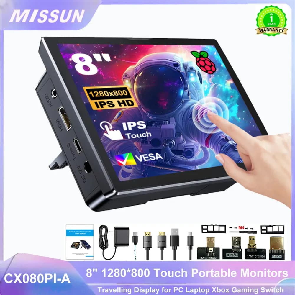 8 Inch LCD Monitor for Raspberry Pi 5 4, Display 1280x800 16:10 Touch Screen HDMI USB for DIY Pi 4 3, Fans and Integrated Speakers for Gaming