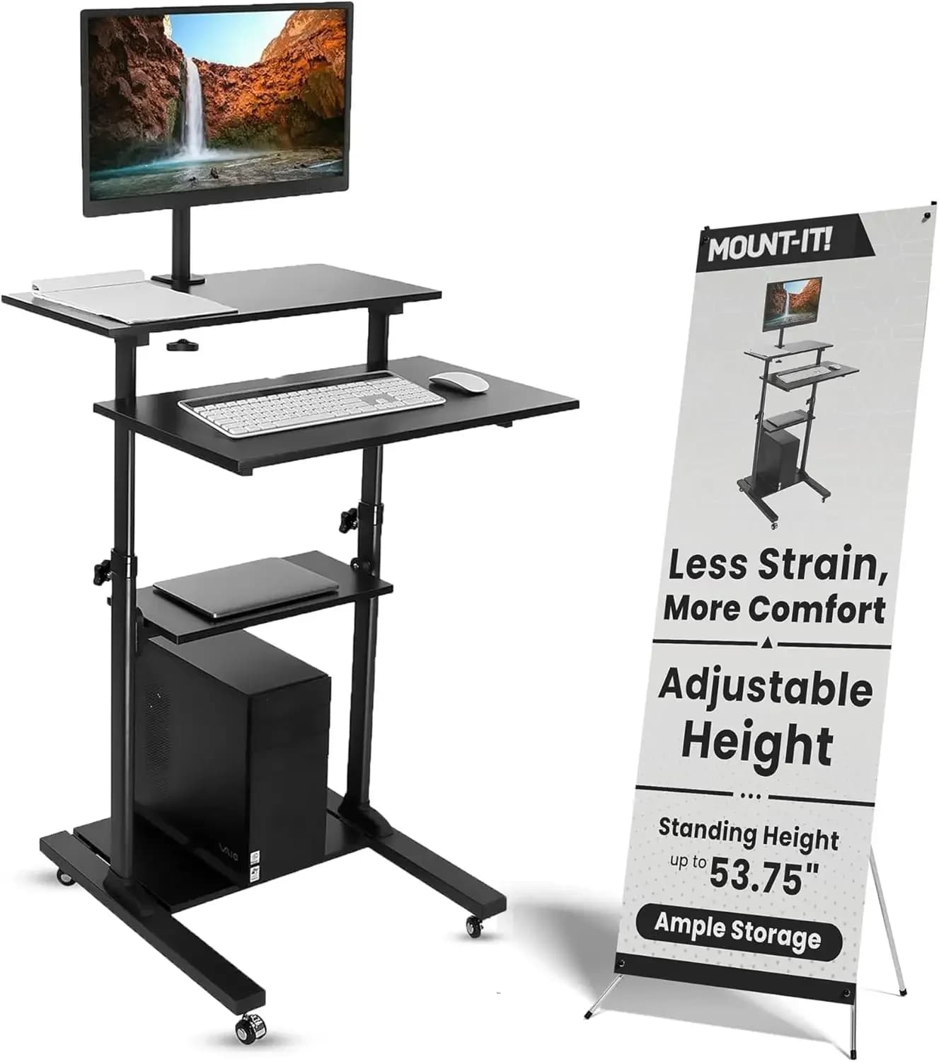 Carrello Portatile per Computer con Supporto Monitor per Schermi fino a 32'', Scrivania Mobile su Ruote, Supporto Laptop su Ruote per Insegnanti, Ufficio