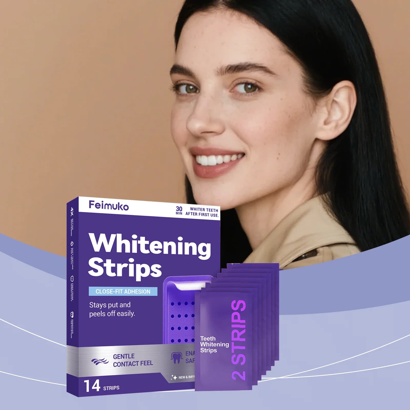 Strisce dentali lucide viola per la cura dei denti, adatte per l'uso quotidiano portatile a casa, proteggono la salute orale, facili da usare, strisce sbiancanti per denti.