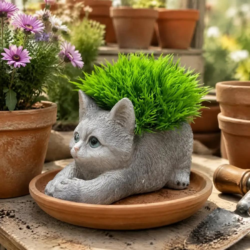 Cat Planter Pot Resin Cat Planter Adorable Flower Pot Cute Indoor Outdoor Plant Holder Garden Yard Home Desk Decor Gift Window