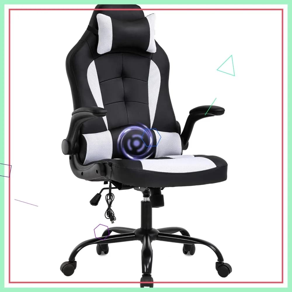 Sedia da Gaming Ergonomica con Supporto Lombare, Poggiatesta e Braccioli Ribaltabili per Ufficio e Casa in Bianco