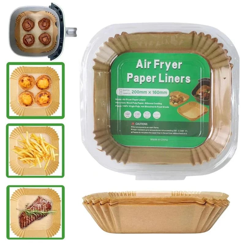 Cartine Monouso per Friggitrice ad Aria, Antiaderenti, per Alimenti, Resistenti all'Olio, Adatte al Microonde, per BBQ, Forme Quadrate, Rotonde e Rettangolari