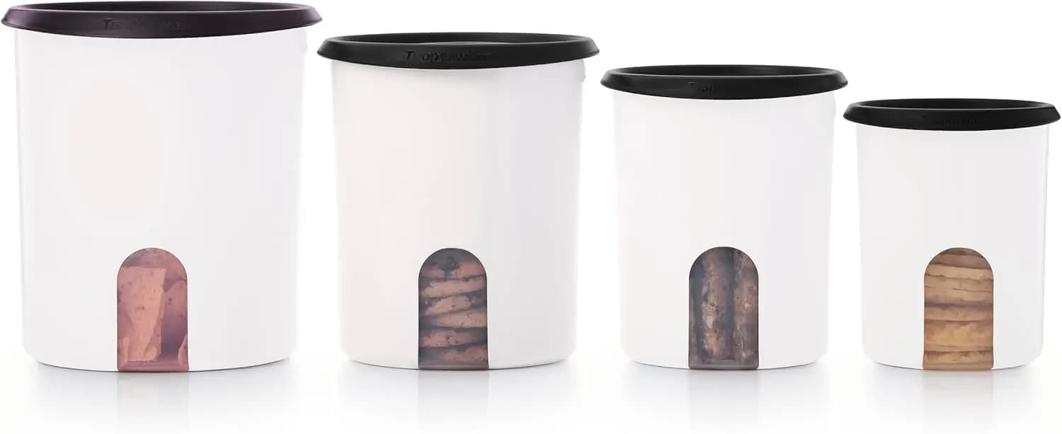 One Touch Reminder Canisters 4 Canister Food Storage Set in White & Black, Dishwasher Safe and BPA Free, (4 Containers, 4 Lids)