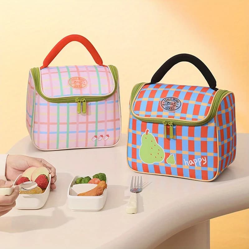 Borsa termica a quadretti, carina e isolata, per il pranzo, riutilizzabile e impermeabile, ideale per ufficio, picnic, escursioni e spiaggia
