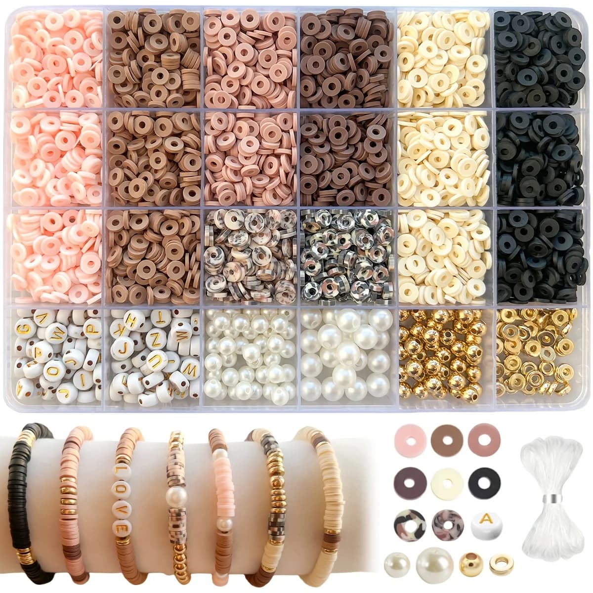 Kit di perline in argilla rosa e marrone da 2000 pezzi con perline con lettere per la creazione di braccialetti e portachiavi