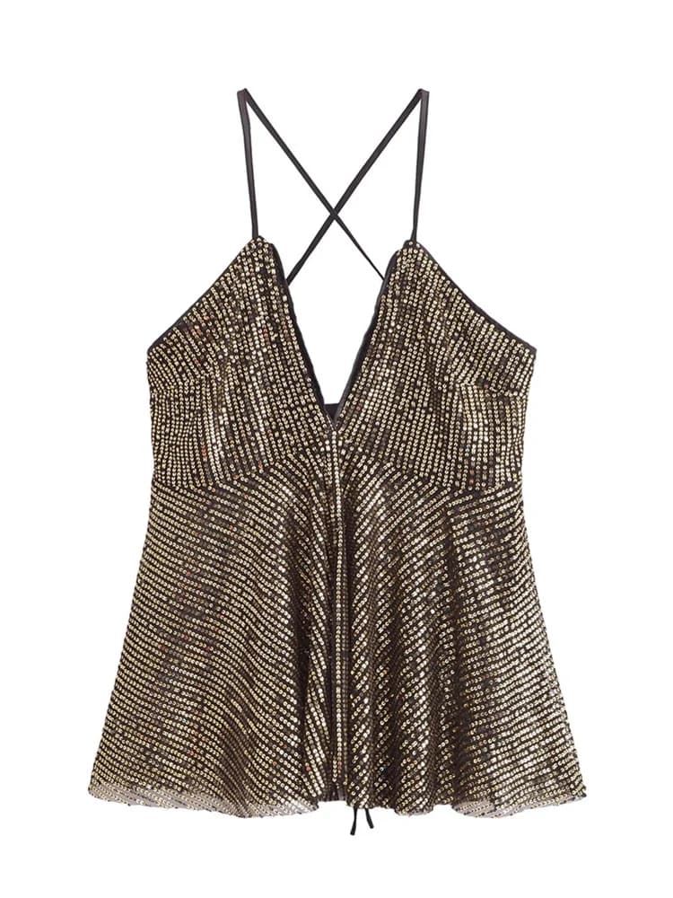 Zevity 2025 Women's Chic Background V-neck Design with sequins Sling Camis Canotta Lady Backless Cross Shirt Top LS7381