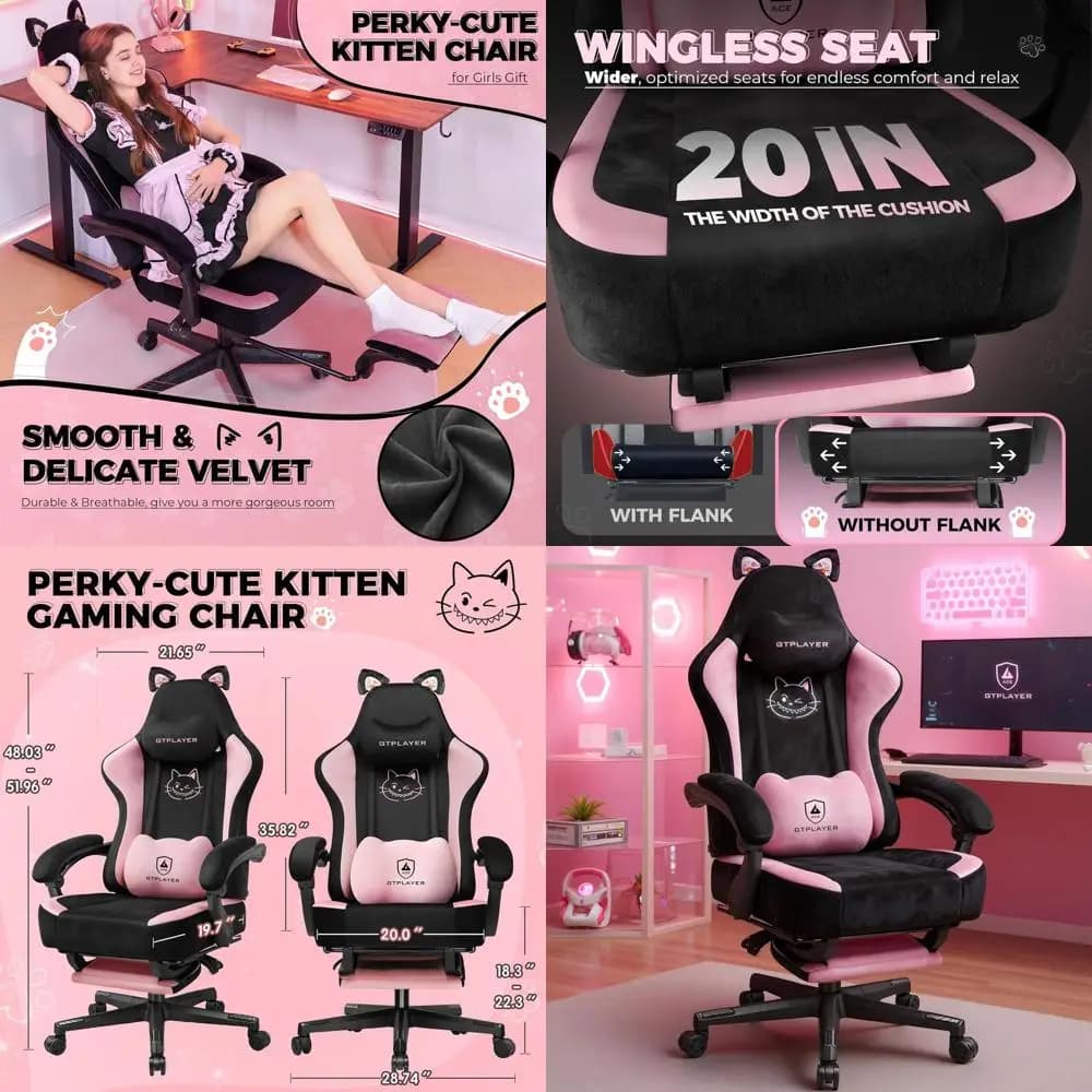 Sedia da Gaming con Orecchie da Gatto, Supporto Ergonomico, Schiuma Memory Regolabile e Comoda Sedia da Ufficio Reclinabile in Velluto