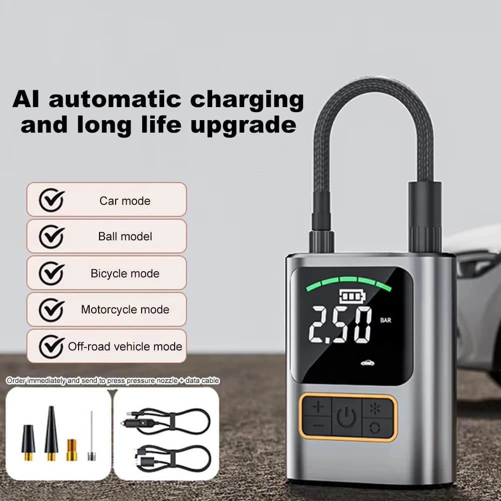 Gonfiatore per Pneumatici Moto Compressore d'Aria Portatile Pompa d'Aria Automatica Intelligente per Pneumatici Auto Luce LED di Emergenza per Bici e Palloni