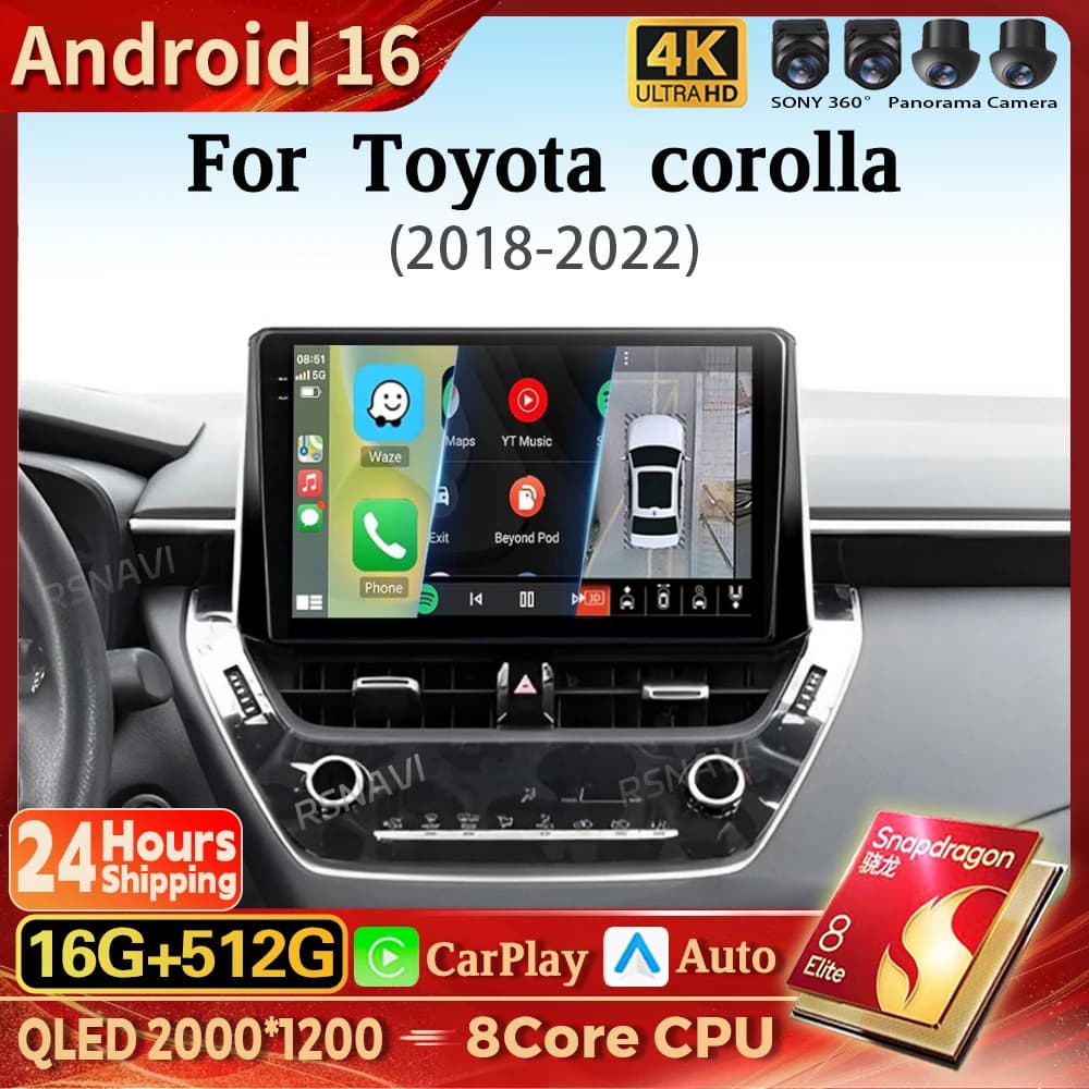 Android 16 Carplay Auto 2K Screen Car Radio Multimedia Player For Toyota Corolla 12 2018 - 2020 Autoradio GPS Stereo 16G - 512G
