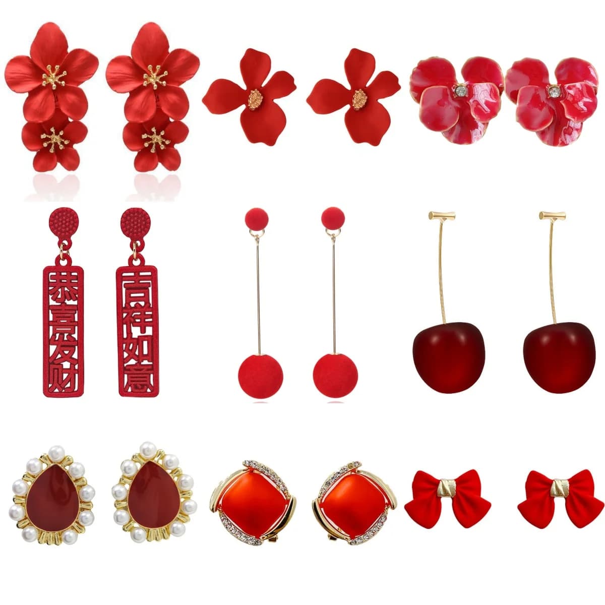 Red Flower Cherry Drop Earrings for Women Enamel Oil Heart Water Droplet Velvet Ball Oval Square C Shape Dangle Earrings Jewelry
