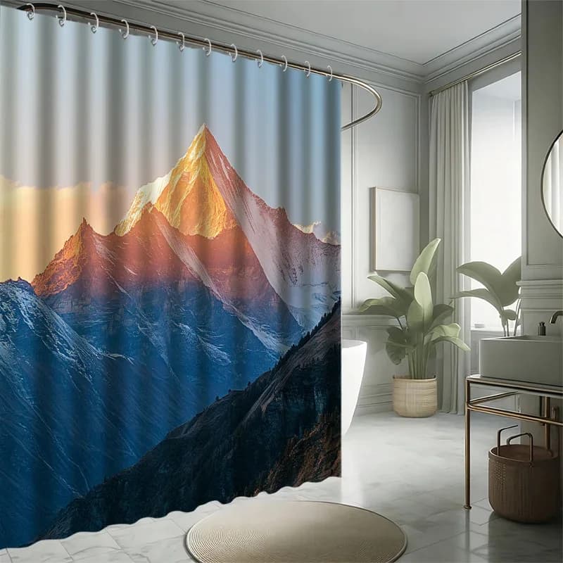 Set tenda da doccia Rizhao Jinshan - Sole dorato e paesaggi di montagna, include 12 ganci, tessuto in poliestere, arredamento moderno per il bagno
