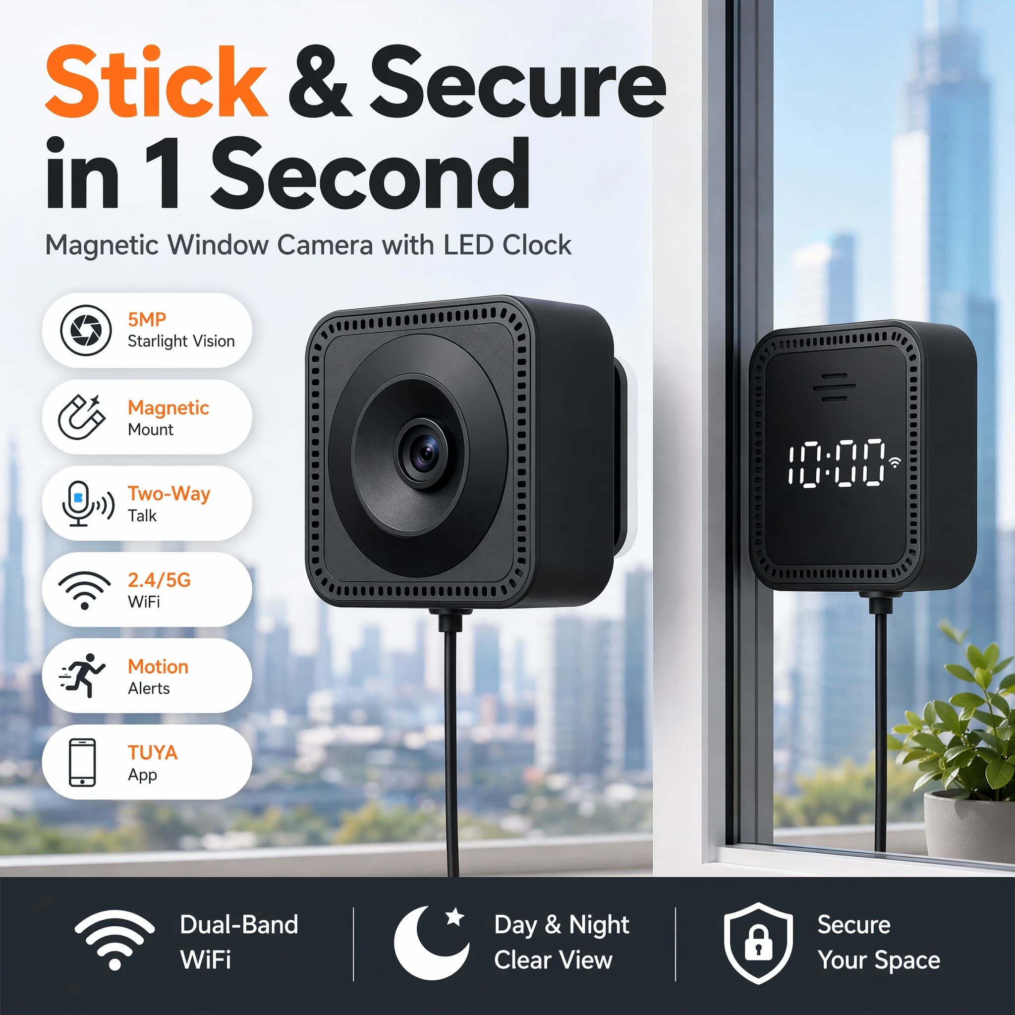 Window Camera LED Digital Clock Display HD 5MP 5G WIFI Camera Two-way Intercom Motion Detection TUYA APP Security Camera