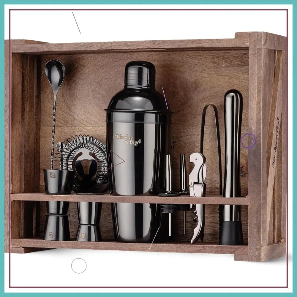 Set da Cocktail 11 Pezzi con Supporto in Legno, Kit Completo per Barman, Utensili Anti-Perdita in Nero Canna di Fucile