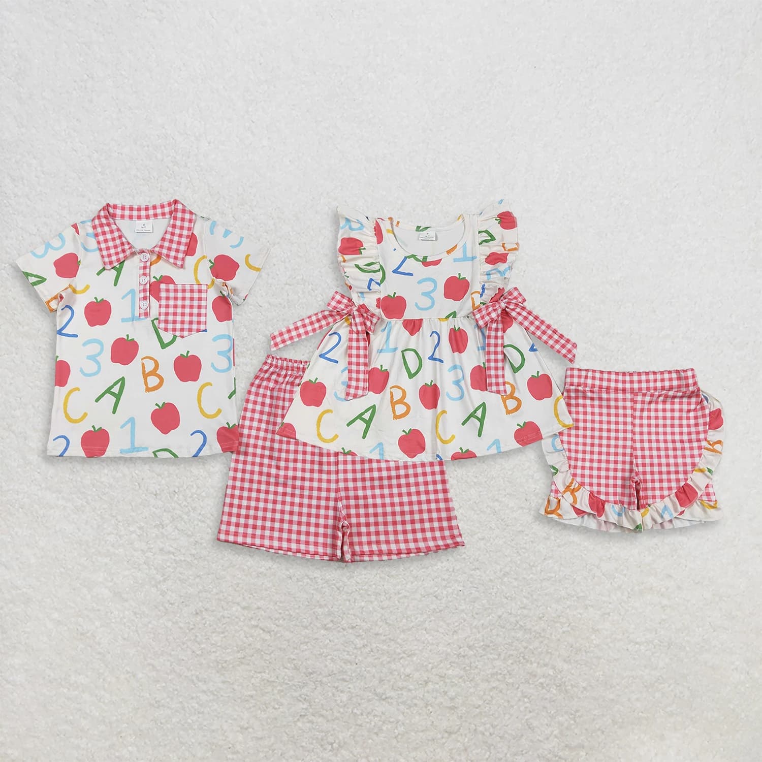 Wholesale Children Back To School Short Sleeves Tops Kids Set Baby Boy Girl Toddler Red Plaid Shorts Outfit
