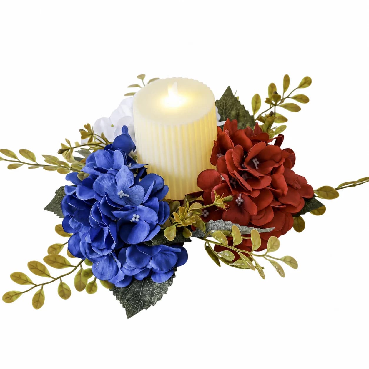 Artificial Hydrangea Candle Wreath White Independence Day Wreath Faux Silk Flower Wreath Blue Decorative Flower Arrangement