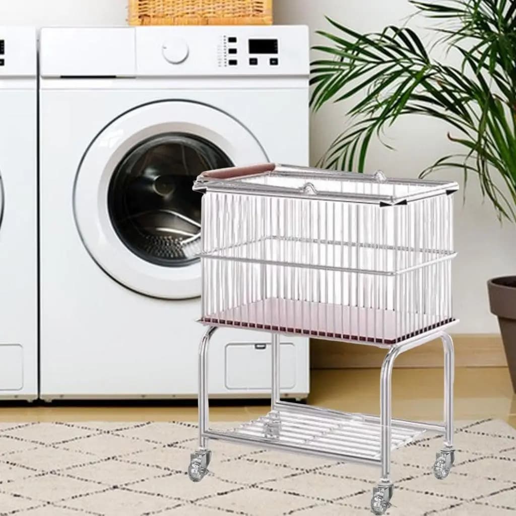 Laundry Hamper with Lid Slim Iron Storage Basket Mobile Rolling Cart Removable Mesh Bag for Space Saving