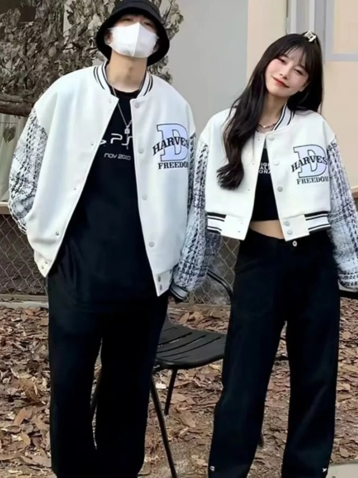Short Baseball Jacket for Couples, Autunal Spring Spring, Chinese Trendy American Style, Women's Fashion with Sleeves in Pattern Patchwork