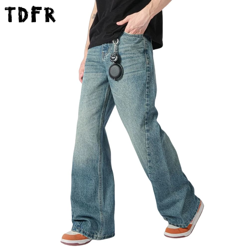 Washed Distressed Moustache Effect Jeans Mens Retro Streetwear Loose Spliced Wide Leg Denim Pants Men