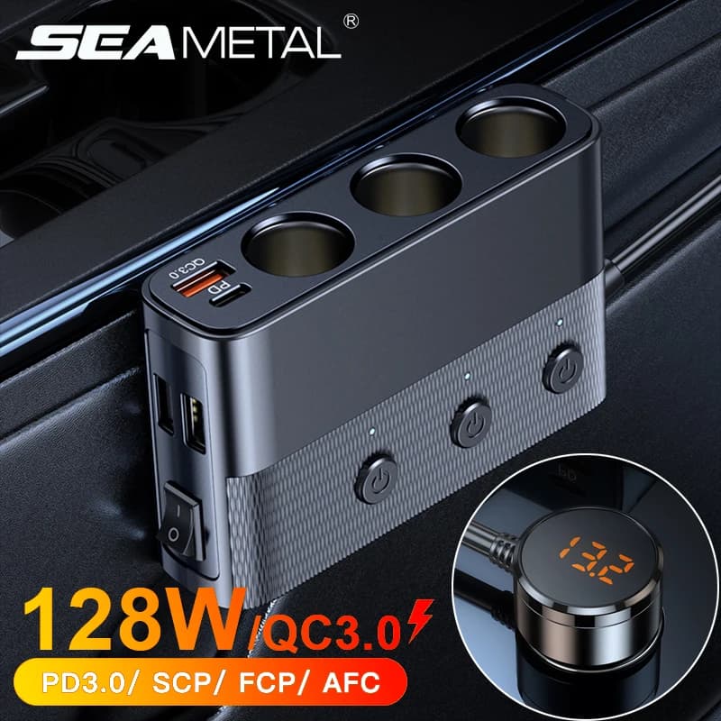 SAEMETAL 128W Caricatore per telefono per auto Adattatore per accendisigari PD30W QC3.0 Multi porte Ricarica rapida Presa di ricarica USB con interruttore