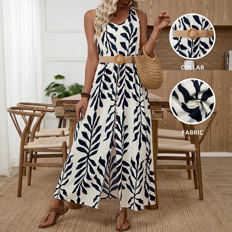 New Style 2026 Long Sleeveless Dress with Belt and Spalline, French Holiday Style, Fluid skirt with Pattern and Waxed Hem