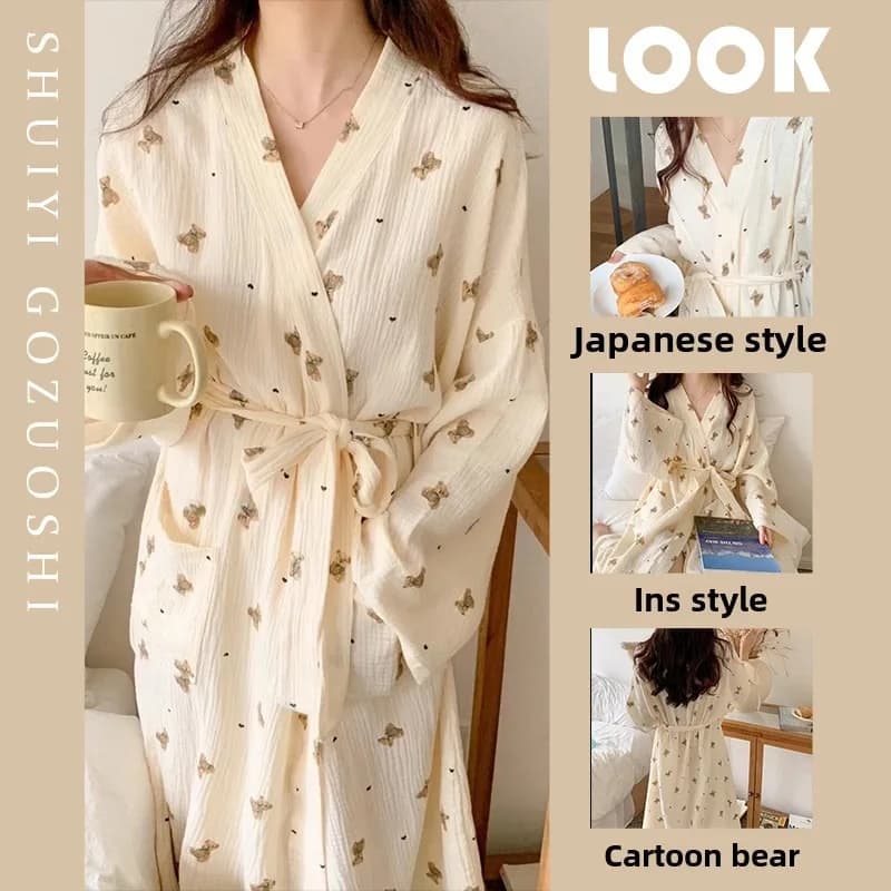Women's Bathrobe Cartoon Cute Bear Print Bathrobe Night Shirt Cardigan Long Sleeved Night Shirt Plus Size Pigiama Night Shirt Ro