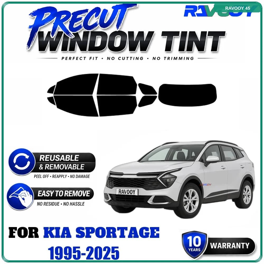 RAVOOY Precut Window Tint, Reusable Removable EPU Film, Custom Fit for Kia Sportage 1995-2025, UV Heat Protection